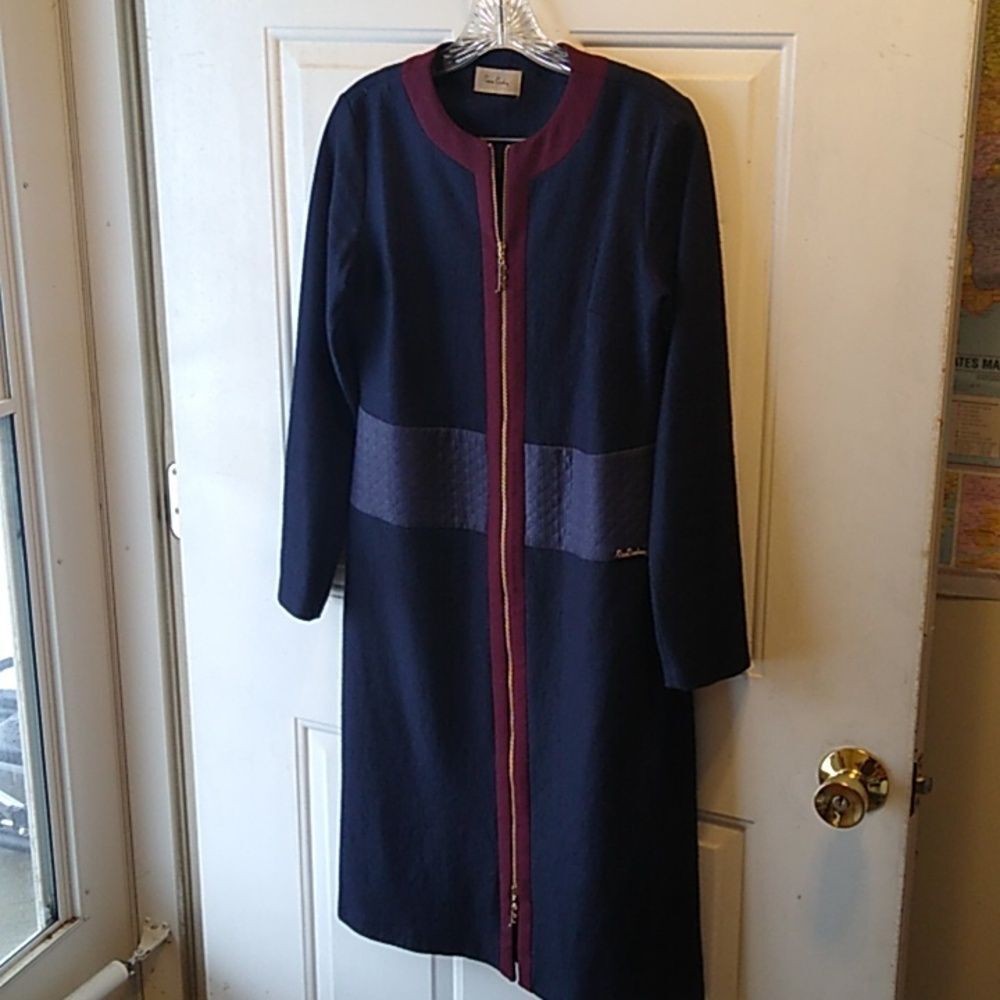 Pierre Cardin Wool Blend Gold Tone Zipper Front Burgundy/Navy Midi Dress